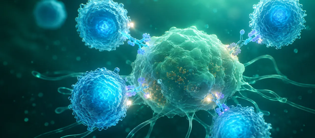Illustration de lymphocytes T modifiés (cellules CAR-T) ciblant une cellule cancéreuse
