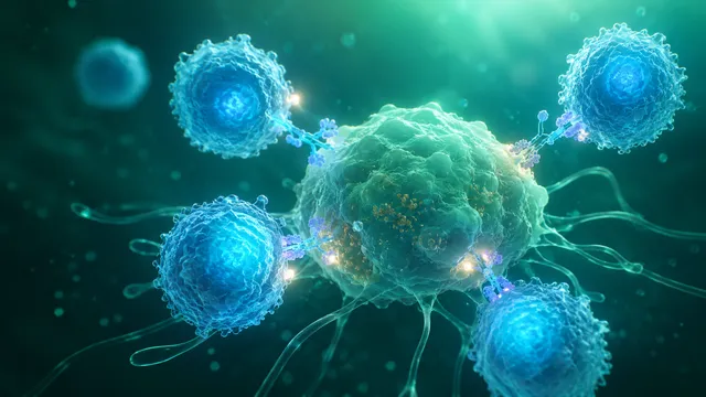 Illustration de lymphocytes T modifiés (cellules CAR-T) ciblant une cellule cancéreuse
